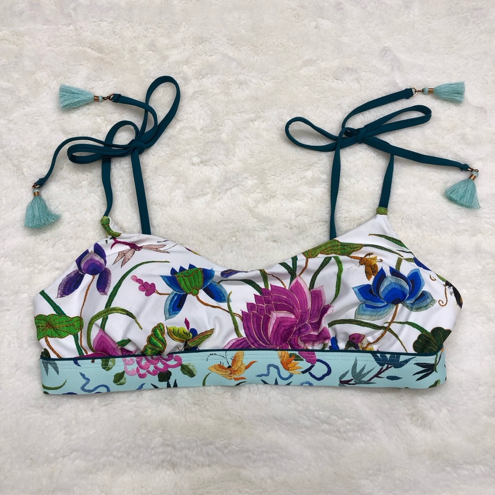 NEW Nanette lepore 4 swim bikini top floral print scoop neck tassel ties
